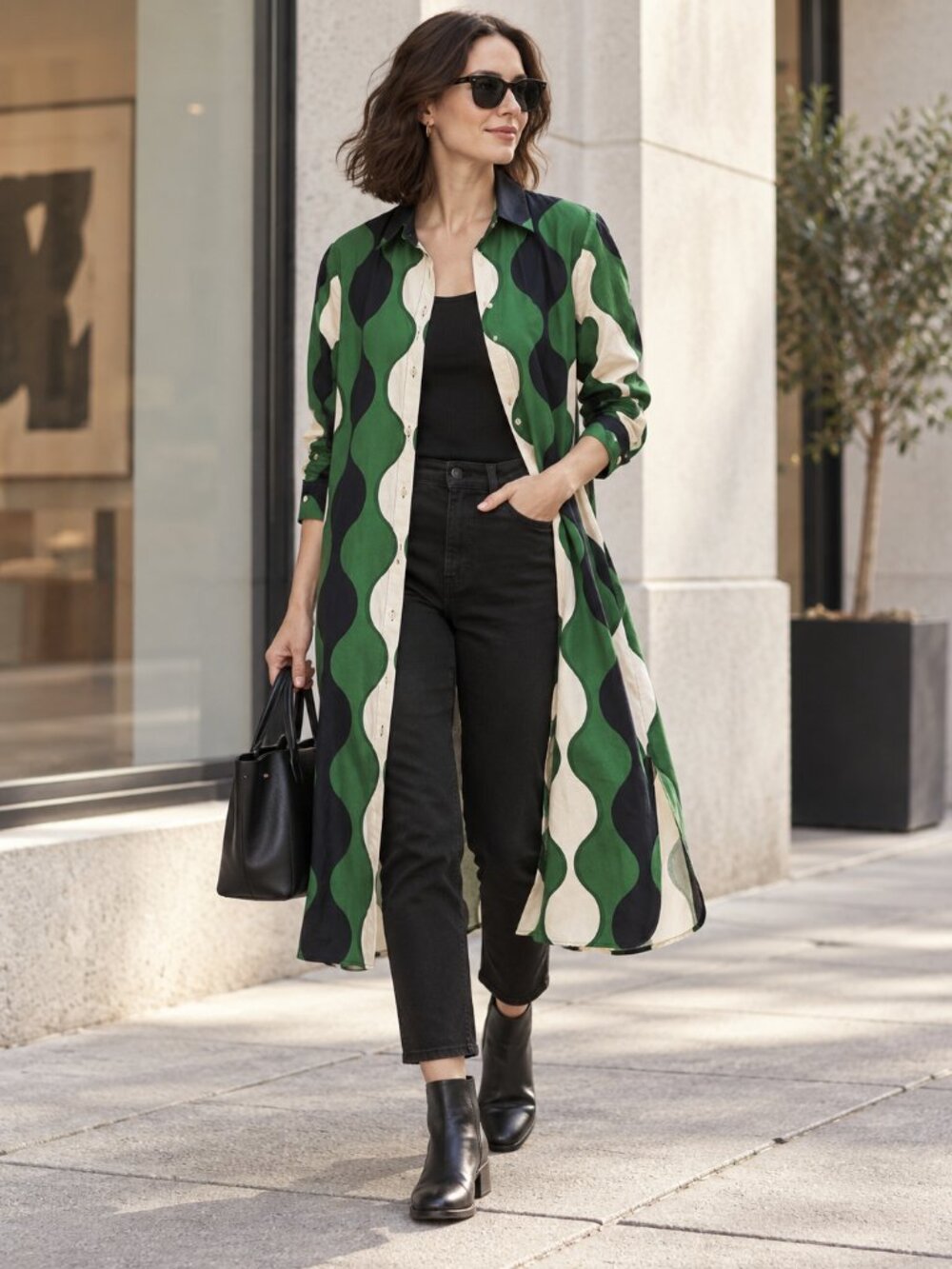 Marimekko x UNIQLO Green Wave Geometric Cotton Midi Shirt Dress M